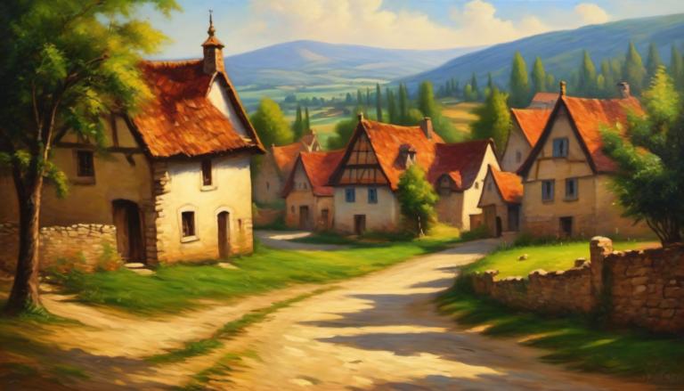 Oil Painting,Oil Painting, Village, village, no humans, tree, scenery, outdoors, sky, cloud, day, house