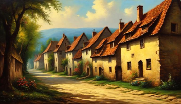 Oil Painting,Oil Painting, Village, village, no humans, scenery, tree, sky, outdoors, house, cloud, day