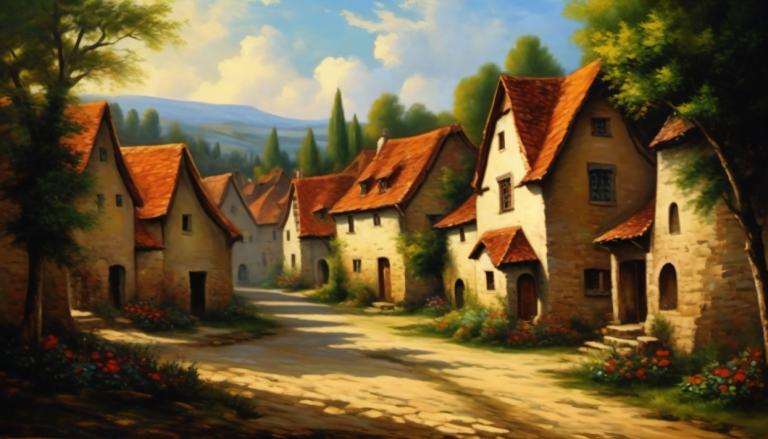 Oil Painting,Oil Painting, Village, village, no humans, tree, outdoors, scenery, sky, cloud, house, day