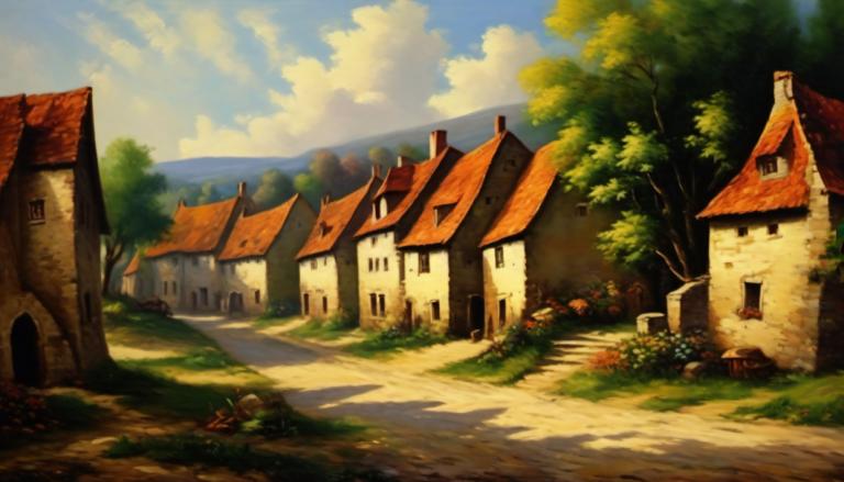 Oil Painting,Oil Painting, Village, village, no humans, tree, outdoors, scenery, sky, cloud, house, day