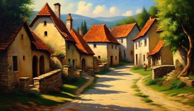 Oil Painting,Oil Painting, Village, village, no humans, tree, outdoors, scenery, sky, cloud, day, house