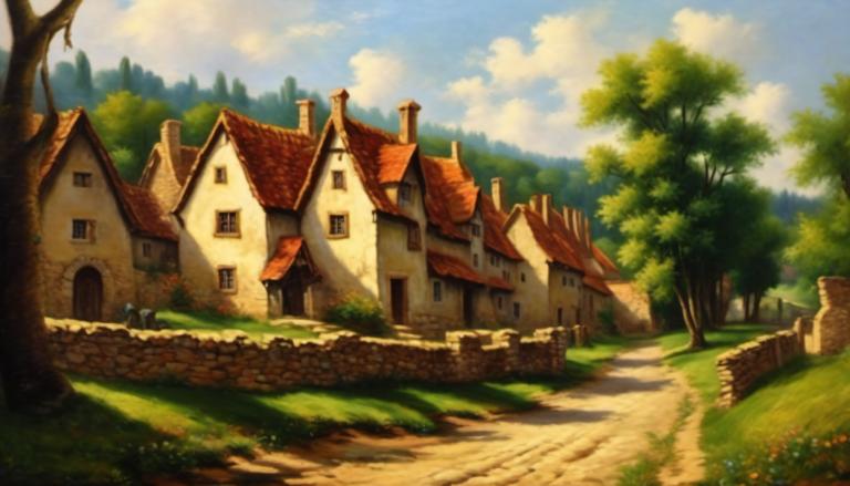 Oil Painting,Oil Painting, Village, village, tree, outdoors, scenery, no humans, sky, cloud, day, house