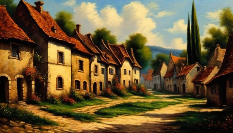 Oil Painting,Oil Painting, Village, village, no humans, outdoors, sky, scenery, tree, cloud, day, grass