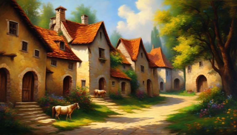 Oil Painting,Oil Painting, Village, village, no humans, tree, outdoors, stairs, scenery, sky, flower, day