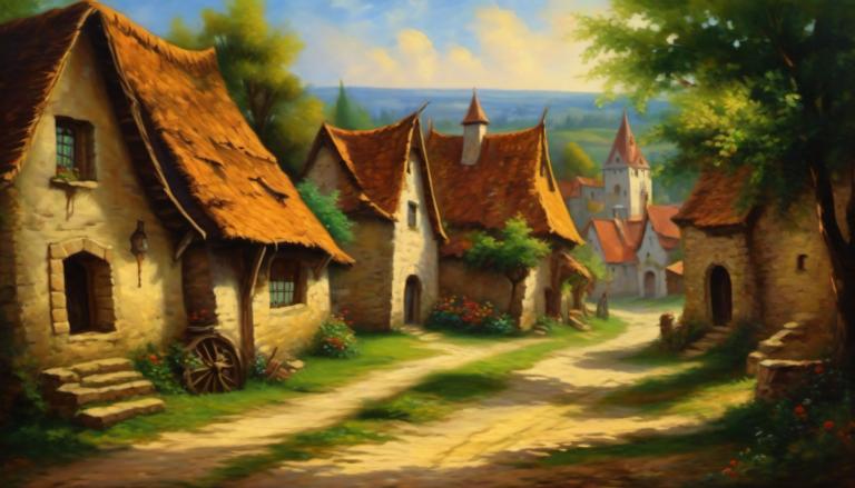 Oil Painting,Oil Painting, Village, village, scenery, tree, no humans, outdoors, sky, house, cloud, day, door