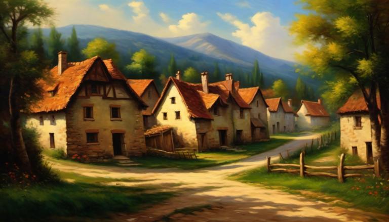 Oil Painting,Oil Painting, Village, village, no humans, outdoors, scenery, tree, sky, house, grass, cloud