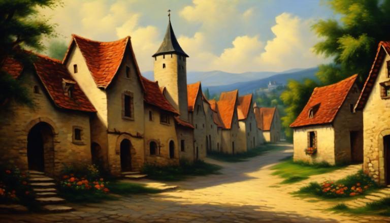 Oil Painting,Oil Painting, Village, village, no humans, scenery, outdoors, sky, cloud, tree, day, house