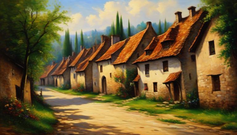 Oil Painting,Oil Painting, Village, village, no humans, tree, outdoors, scenery, sky, cloud, day, house