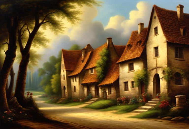 Oil Painting,Oil Painting, Village, village, no humans, tree, scenery, sky, cloud, outdoors, house, day