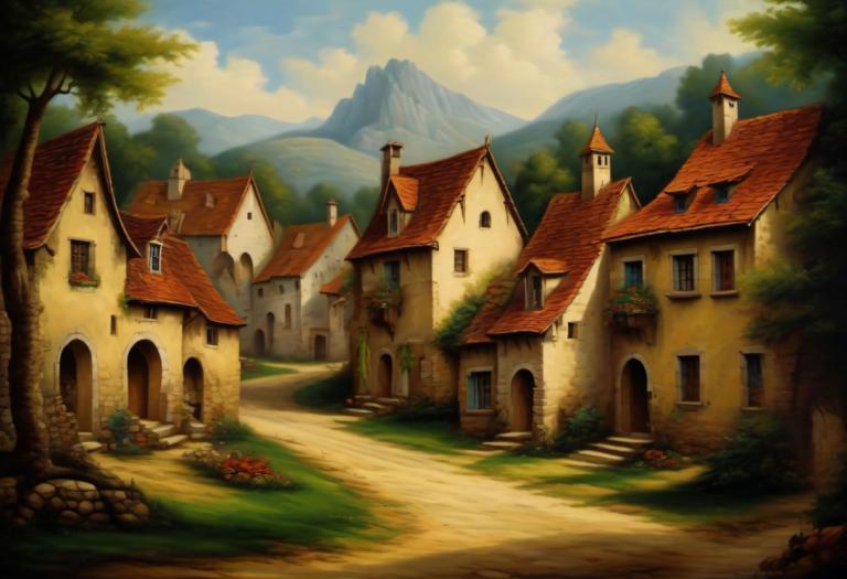 Oil Painting,Oil Painting, Village, village, no humans, scenery, tree, outdoors, sky, cloud, house, day