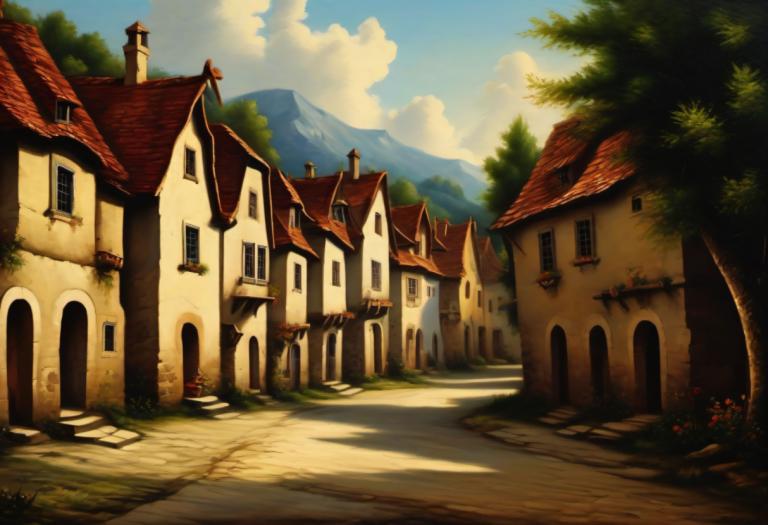 Oil Painting,Oil Painting, Village, village, no humans, scenery, sky, cloud, outdoors, tree, day, house