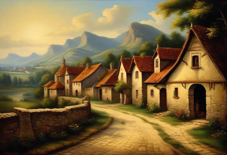 Oil Painting,Oil Painting, Village, village, no humans, scenery, outdoors, tree, sky, cloud, house, mountain