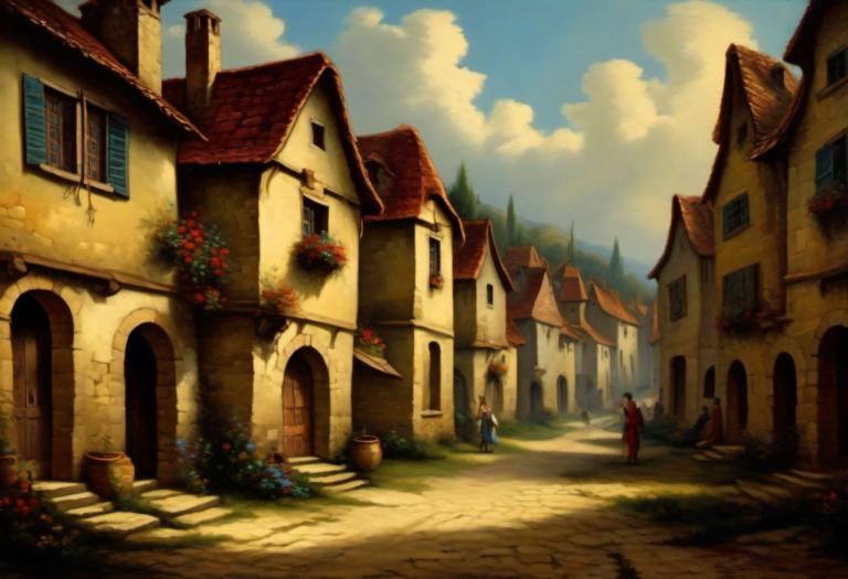 Oil Painting,Oil Painting, Village, village, scenery, cloud, sky, house, outdoors, flower, day, building