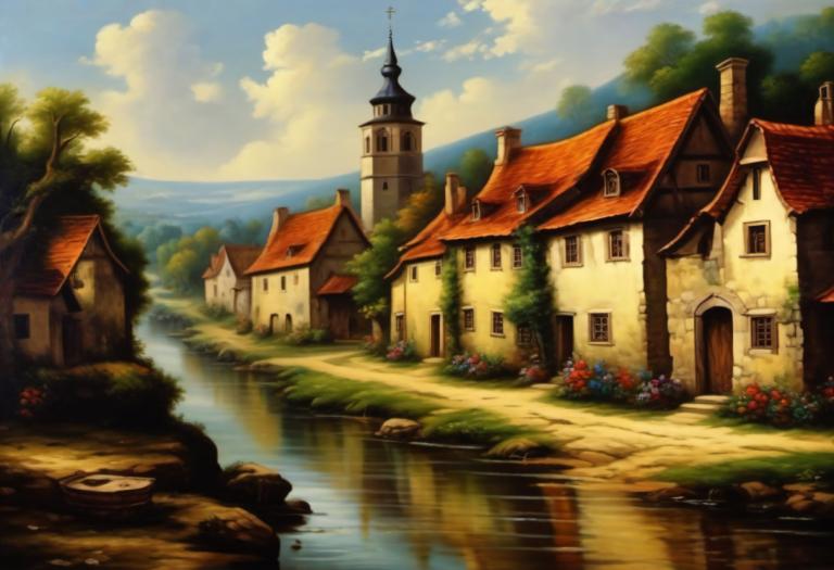 Oil Painting,Oil Painting, Village, village, no humans, scenery, cloud, sky, tree, outdoors, house, water