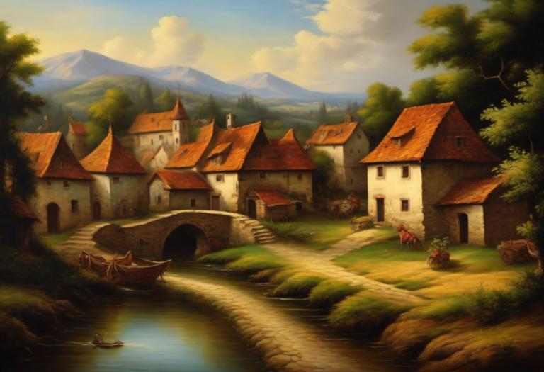 Oil Painting,Oil Painting, Village, village, scenery, no humans, tree, outdoors, house, sky, cloud, boat