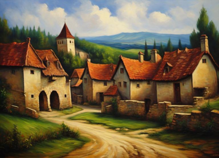 Oil Painting,Oil Painting, Village, village, no humans, scenery, outdoors, sky, cloud, day, tree, house, path