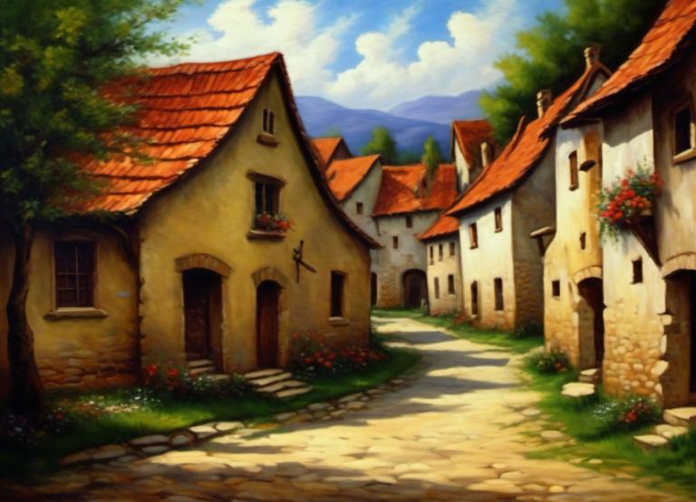 Oil Painting,Oil Painting, Village, village, no humans, scenery, sky, outdoors, tree, house, cloud, day