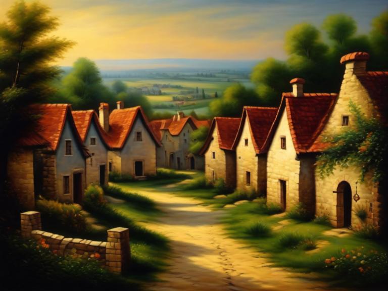 Oil Painting,Oil Painting, Village, village, no humans, scenery, tree, outdoors, house, grass, sky, sunset