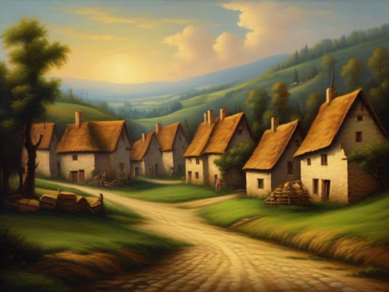 Oil Painting,Oil Painting, Village, village, tree, scenery, house, outdoors, cloud, sky, grass, sun, sunset