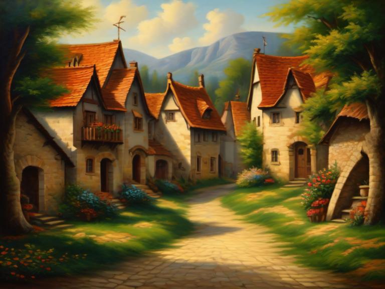 Oil Painting,Oil Painting, Village, village, no humans, scenery, tree, outdoors, house, sky, cloud, flower