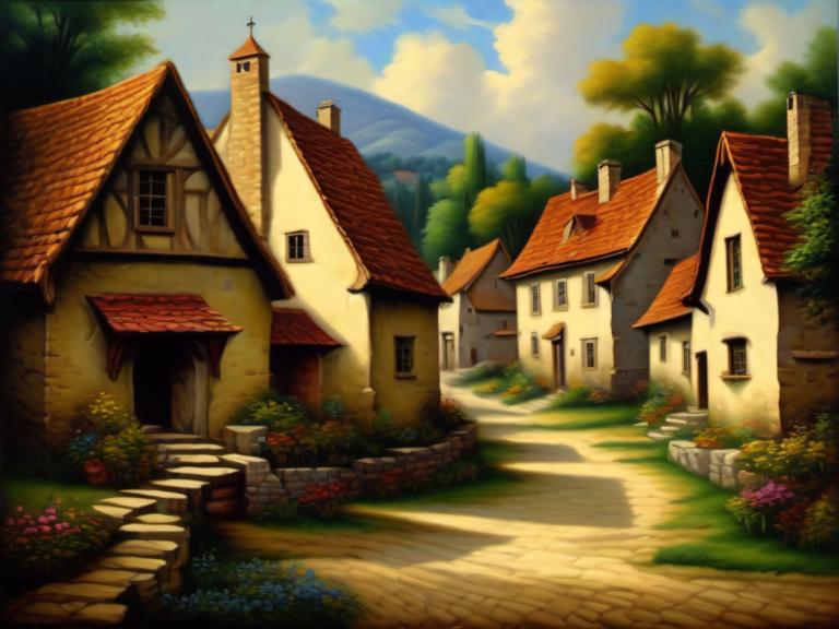 Oil Painting,Oil Painting, Village, village, no humans, scenery, tree, sky, outdoors, house, cloud, day