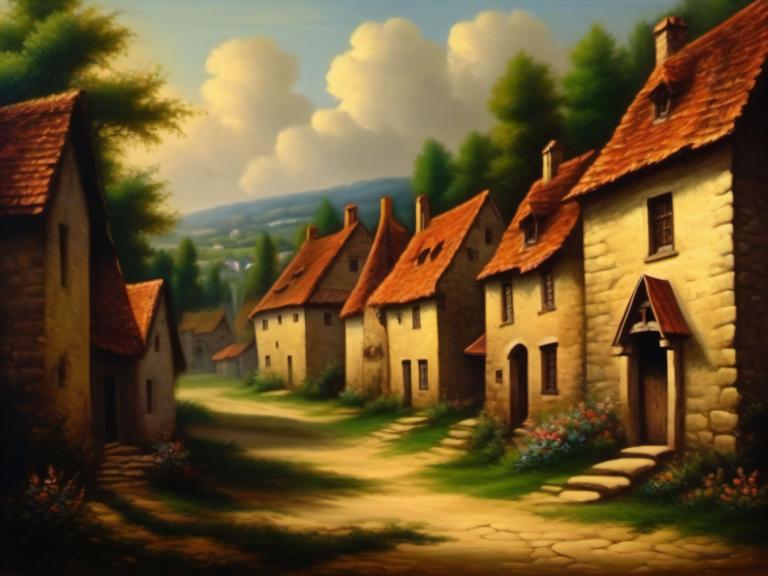 Oil Painting,Oil Painting, Village, village, no humans, scenery, cloud, outdoors, sky, tree, house, day