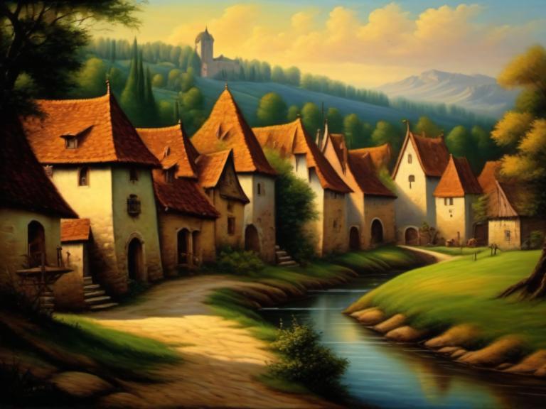 Oil Painting,Oil Painting, Village, village, no humans, scenery, tree, outdoors, cloud, sky, water, house