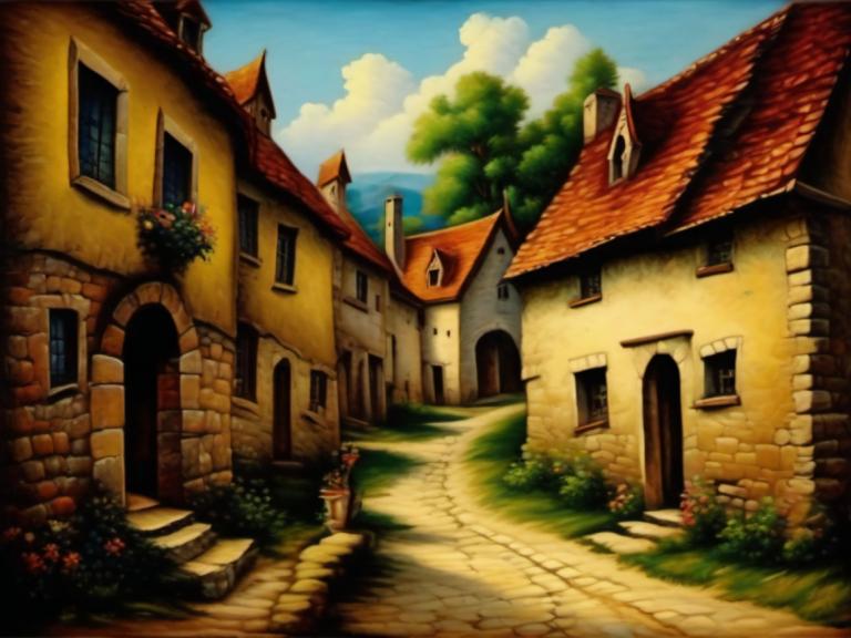 Oil Painting,Oil Painting, Village, village, no humans, scenery, sky, cloud, outdoors, tree, day, window