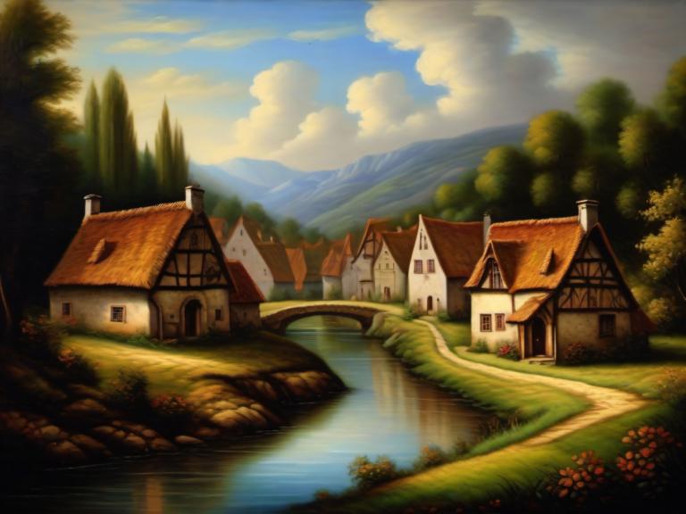 Oil Painting,Oil Painting, Village, village, no humans, scenery, cloud, outdoors, sky, tree, house, water