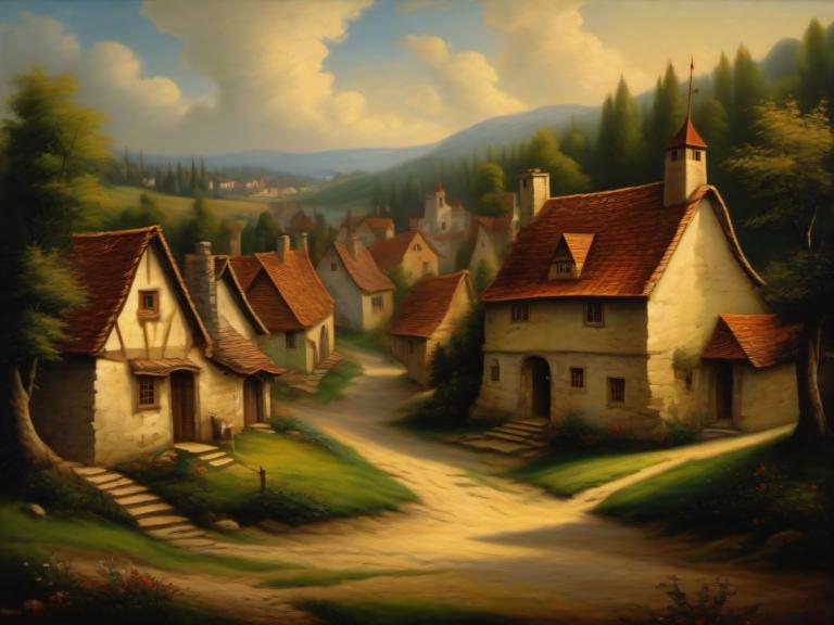 Oil Painting,Oil Painting, Village, village, no humans, scenery, outdoors, cloud, sky, tree, house, path