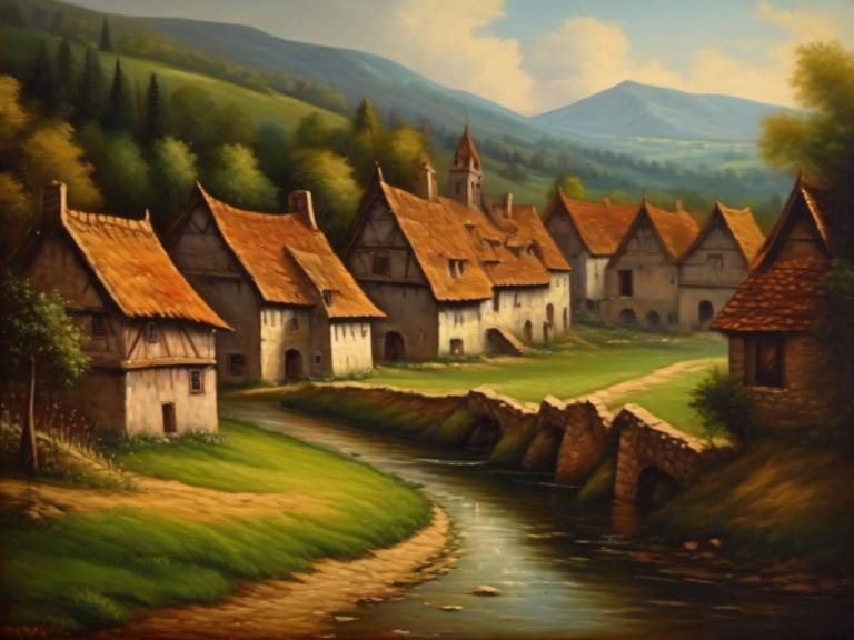 Oil Painting,Oil Painting, Village, village, no humans, scenery, outdoors, sky, tree, cloud, grass, water