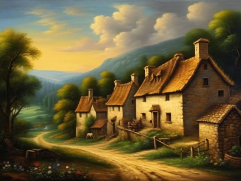 Oil Painting,Oil Painting, Village, village, no humans, scenery, tree, house, outdoors, cloud, sky, flower