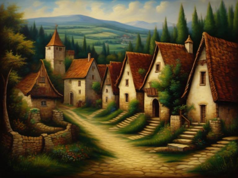 Oil Painting,Oil Painting, Village, village, no humans, scenery, stairs, outdoors, tree, sky, cloud, house