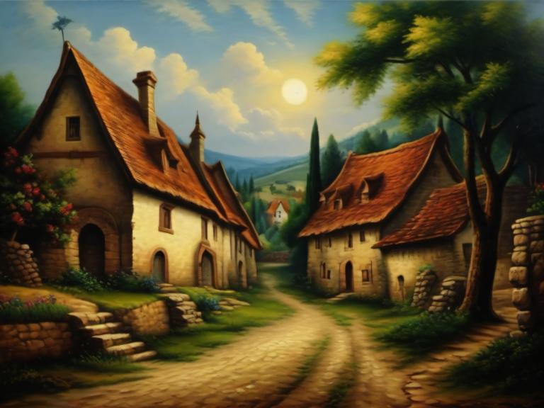 Oil Painting,Oil Painting, Village, village, no humans, tree, scenery, cloud, sky, outdoors, grass, house