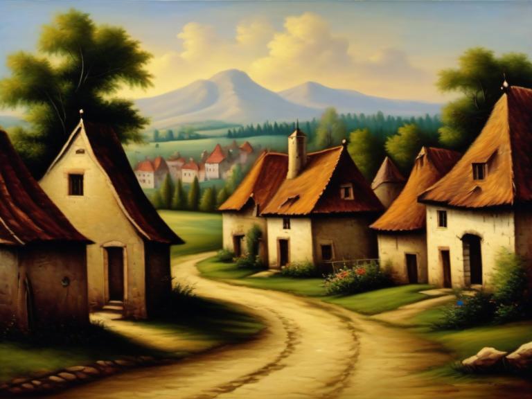 Oil Painting,Oil Painting, Village, village, no humans, scenery, house, outdoors, tree, sky, grass, cloud