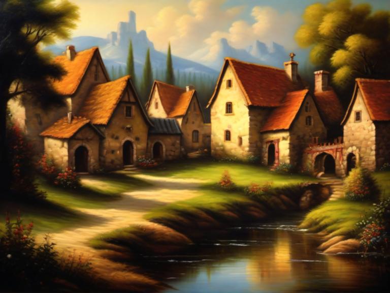 Oil Painting,Oil Painting, Village, village, no humans, scenery, tree, outdoors, sky, cloud, water, house