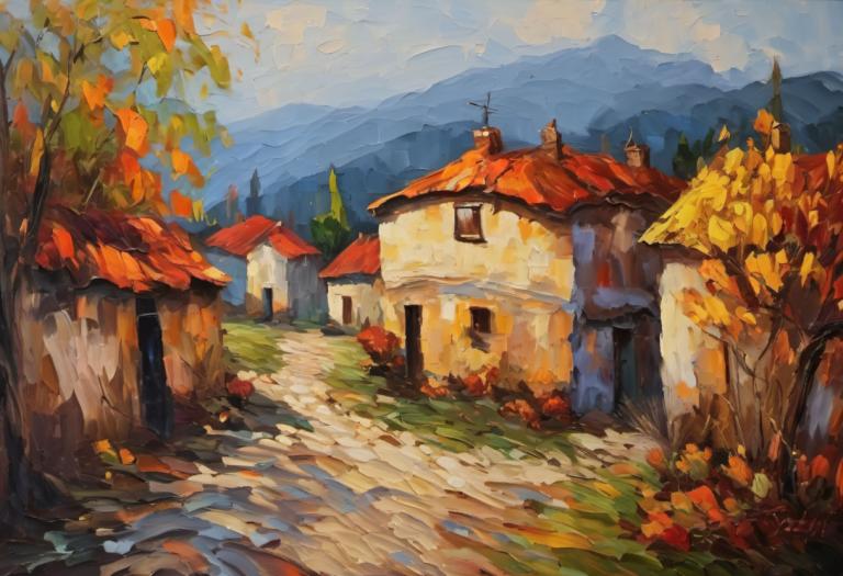 Oil Painting,Oil Painting, Village, village, scenery, outdoors, no humans, tree, sky, house, mountain, cloud