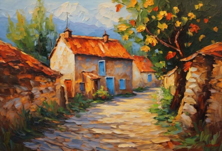 Oil Painting,Oil Painting, Village, village, no humans, scenery, outdoors, tree, day, house