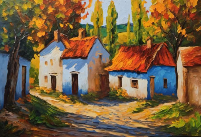 Oil Painting,Oil Painting, Village, village, no humans, tree, outdoors, scenery, house, traditional media