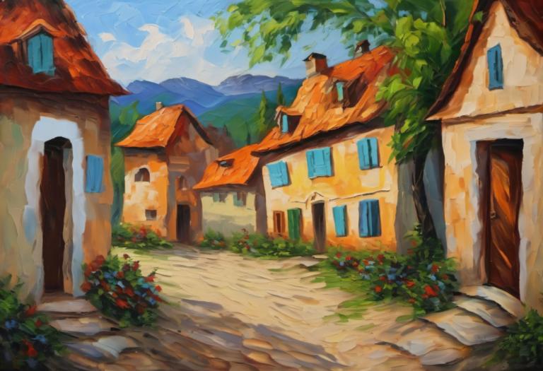 Peinture à l'huile,Peinture à l'huile, Village, village, pas d'humains, paysage, en plein air, ciel, maison