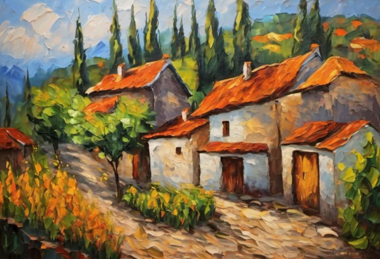 Oil Painting,Oil Painting, Village, village, no humans, scenery, outdoors, sky, tree, cloud, day, house