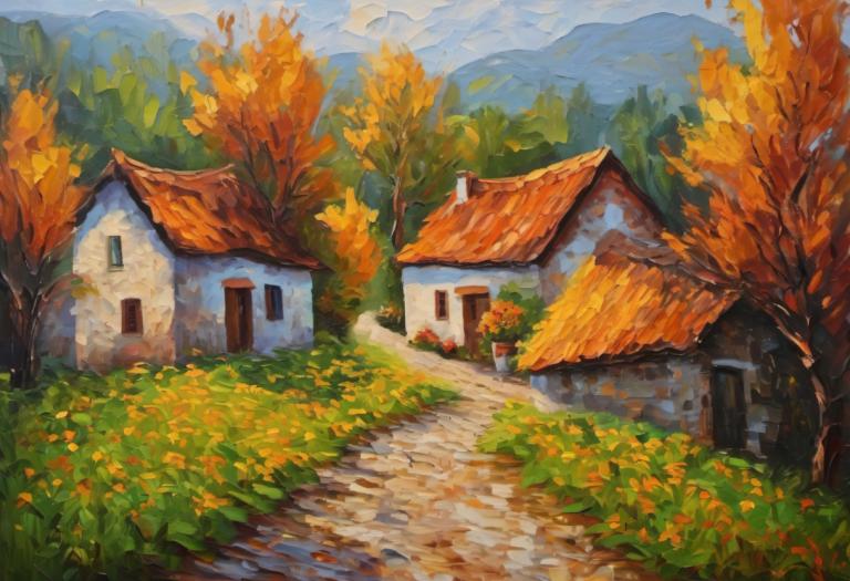 Oil Painting,Oil Painting, Village, village, no humans, tree, scenery, outdoors, house, sky, day, building