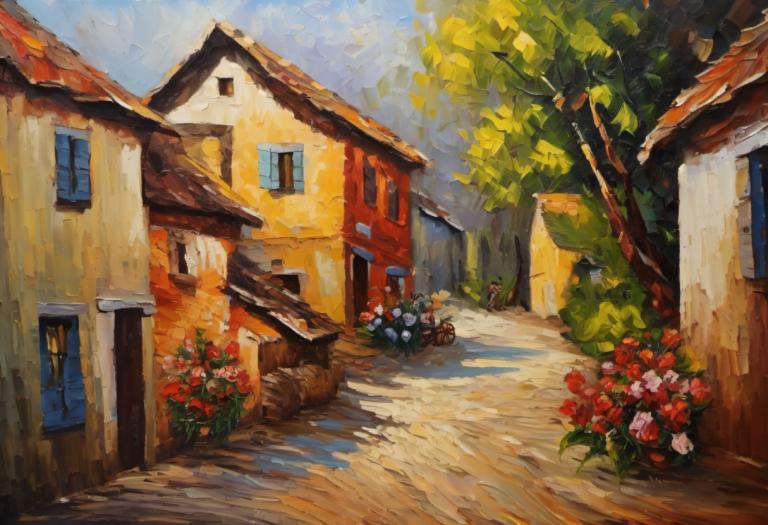 Oil Painting,Oil Painting, Village, village, no humans, flower, scenery, outdoors, house, tree, road, day