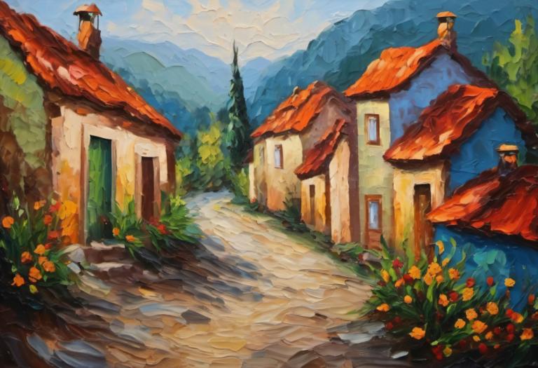 Oil Painting,Oil Painting, Village, village, no humans, outdoors, scenery, house, sky, flower, cloud, day