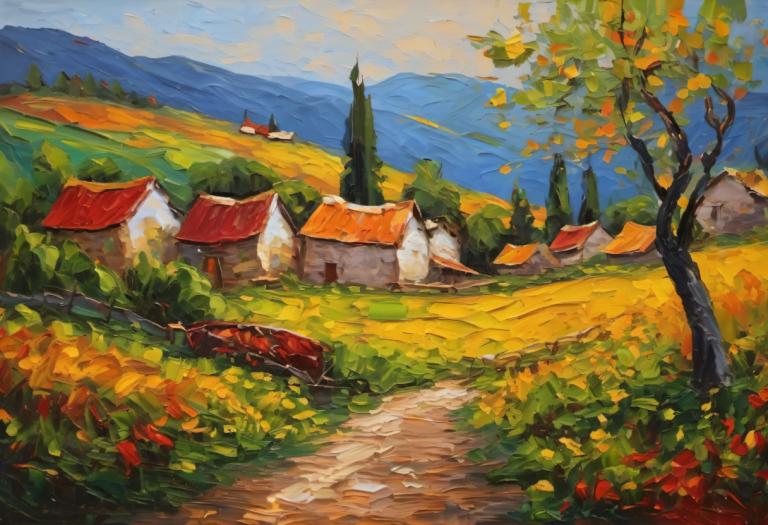 Oil Painting,Oil Painting, Village, village, scenery, outdoors, tree, no humans, sky, day, house, mountain