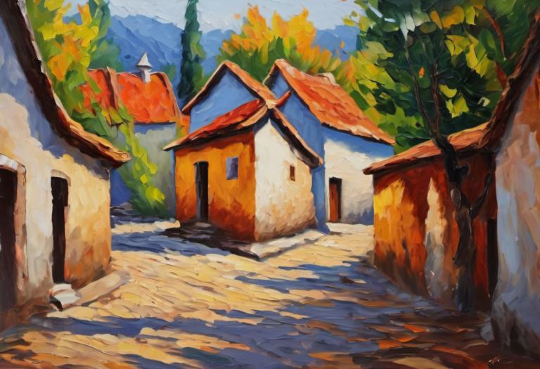 Oil Painting,Oil Painting, Village, village, no humans, scenery, outdoors, tree, house, traditional media