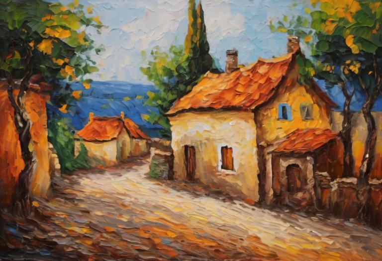 Oil Painting,Oil Painting, Village, village, no humans, scenery, tree, outdoors, sky, house, day