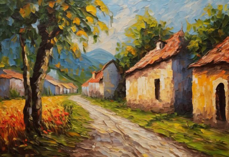 Oil Painting,Oil Painting, Village, village, no humans, scenery, outdoors, tree, sky, day, traditional media