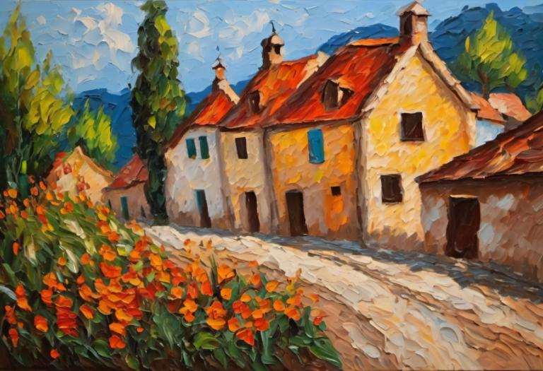 Oil Painting,Oil Painting, Village, village, no humans, scenery, sky, outdoors, day, house, flower, cloud