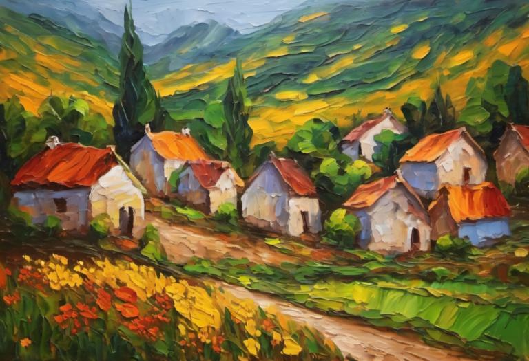 Oil Painting,Oil Painting, Village, village, no humans, scenery, outdoors, flower, nature, house, day, tree